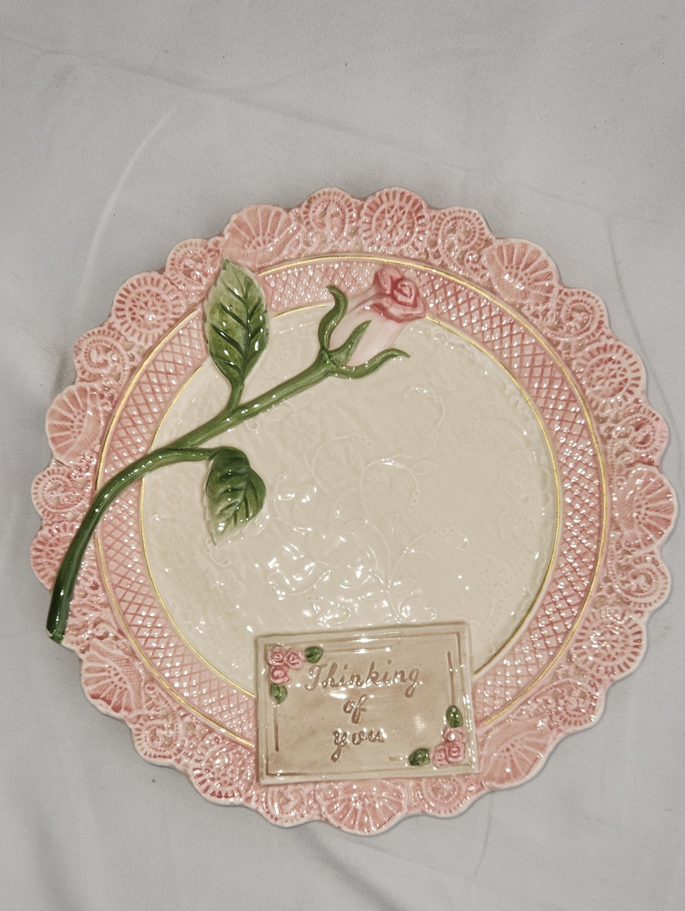 Vintage Fitz and Floyd Rose Pink and Cream 'Thinking of You' Decorative Plate